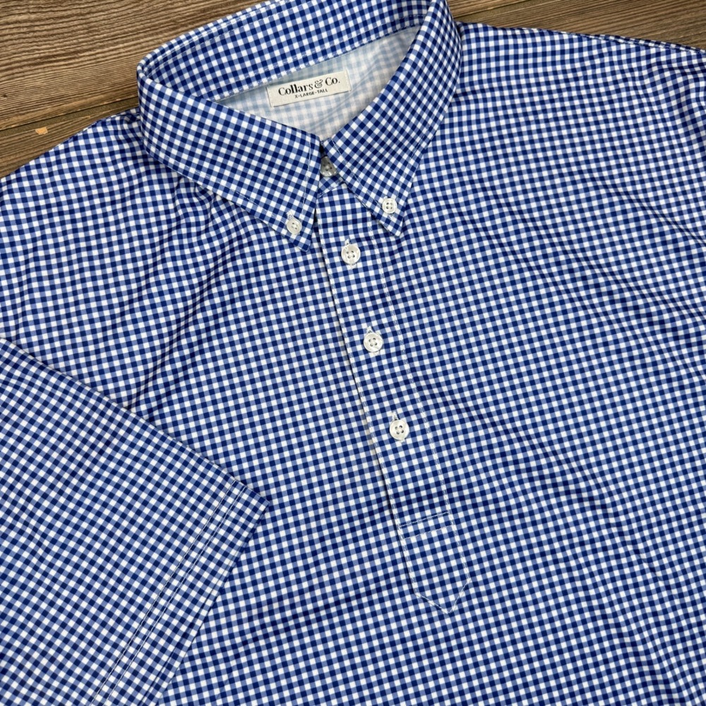 Collars & Co Men Size XL Tall Polo Shirt Blue Gingham Dress Collar Performance